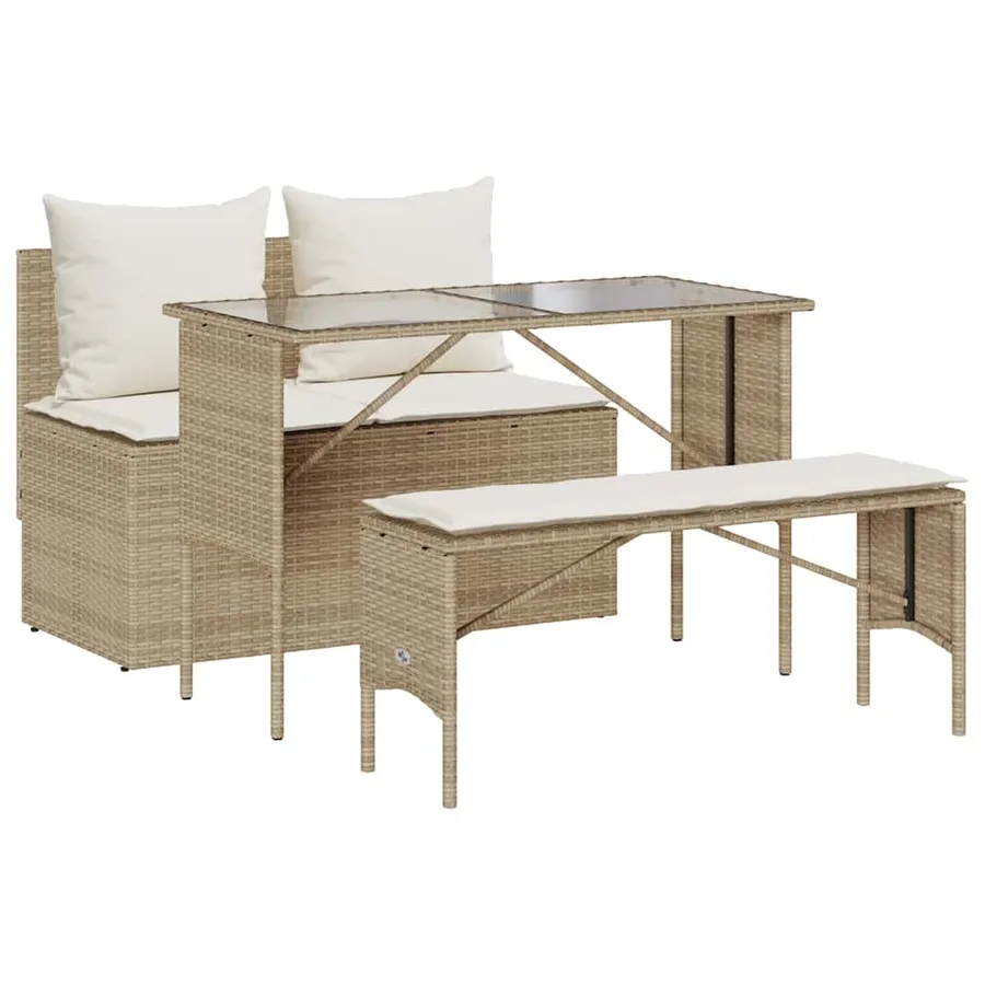 Ensemble à manger de jardin et coussins 3 pcs Beige poly rotin - 2