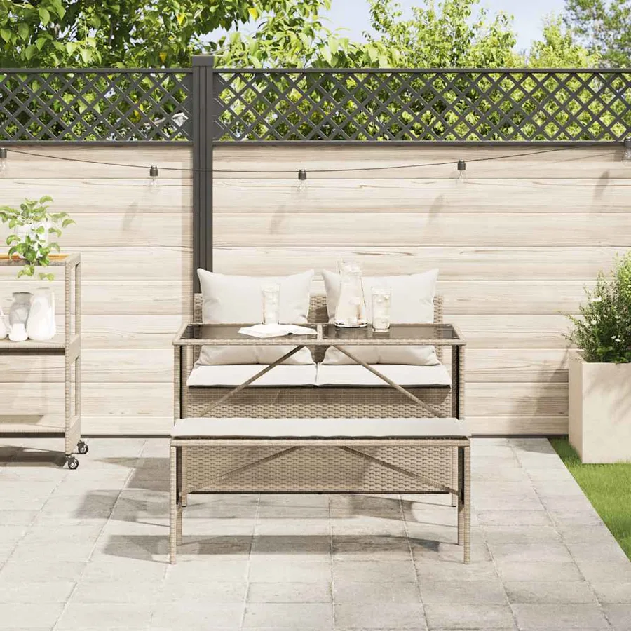 Ensemble à manger de jardin et coussins 3 pcs Beige poly rotin - 3