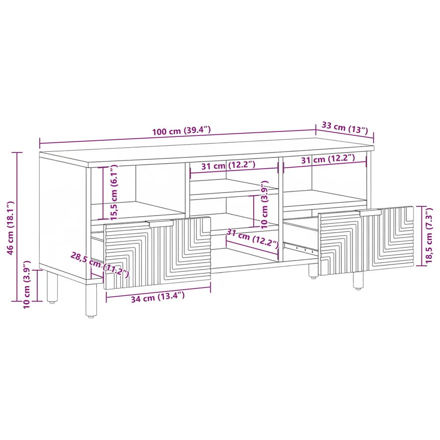 Meuble TV Marron 100 x 33,5 x 46 cm Bois de mangue massif - 10