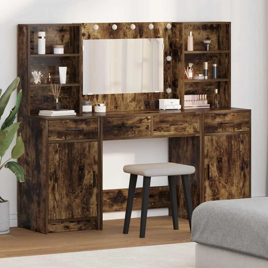 Ensemble de table de maquillage avec LED 3 pcs Chêne fumé