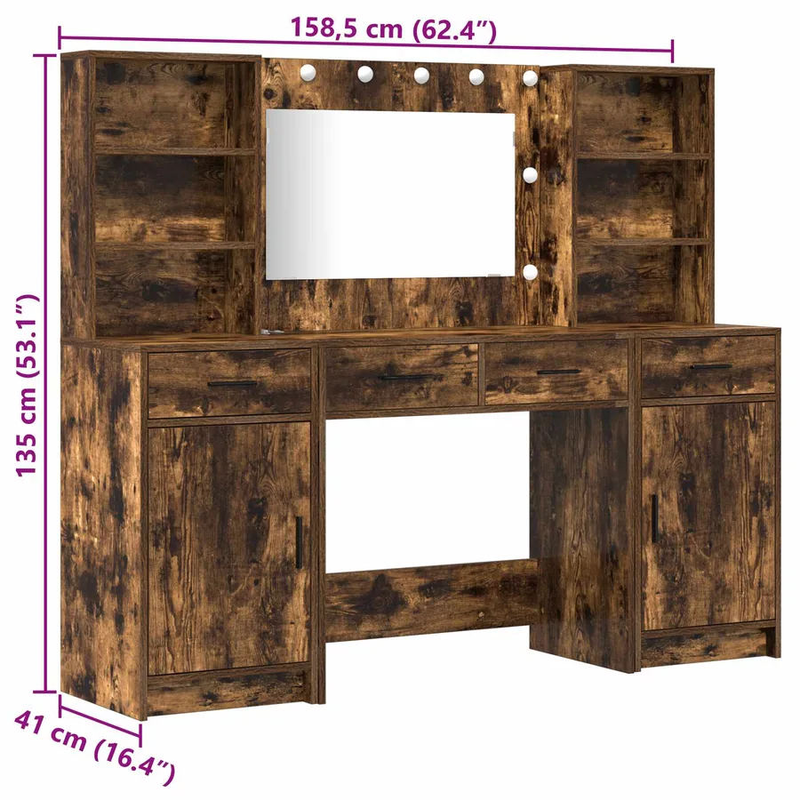 Ensemble de table de maquillage avec LED 3 pcs Chêne fumé - 15