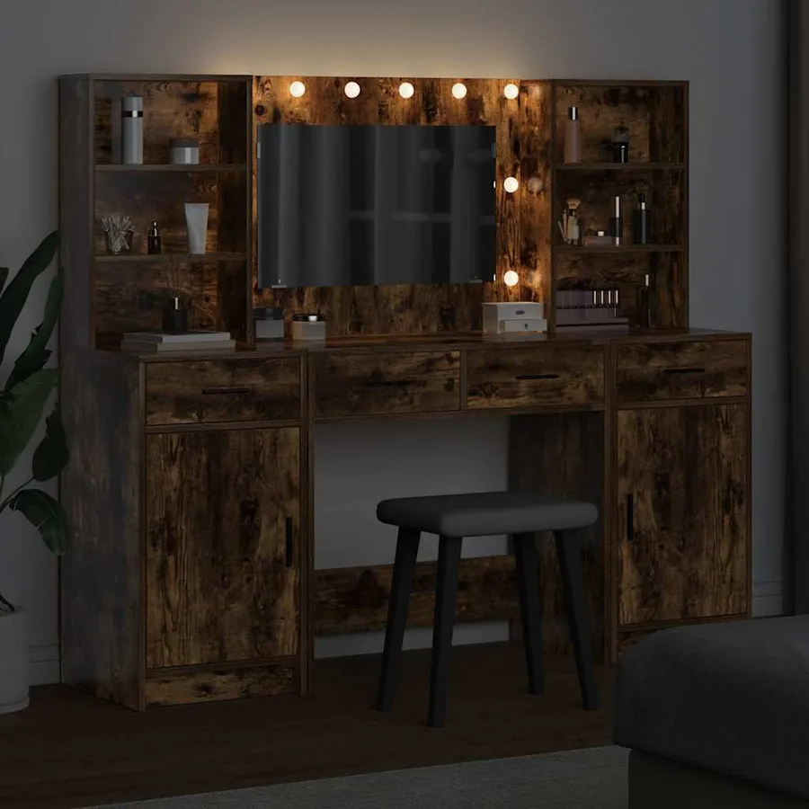 Ensemble de table de maquillage avec LED 3 pcs Chêne fumé - 4
