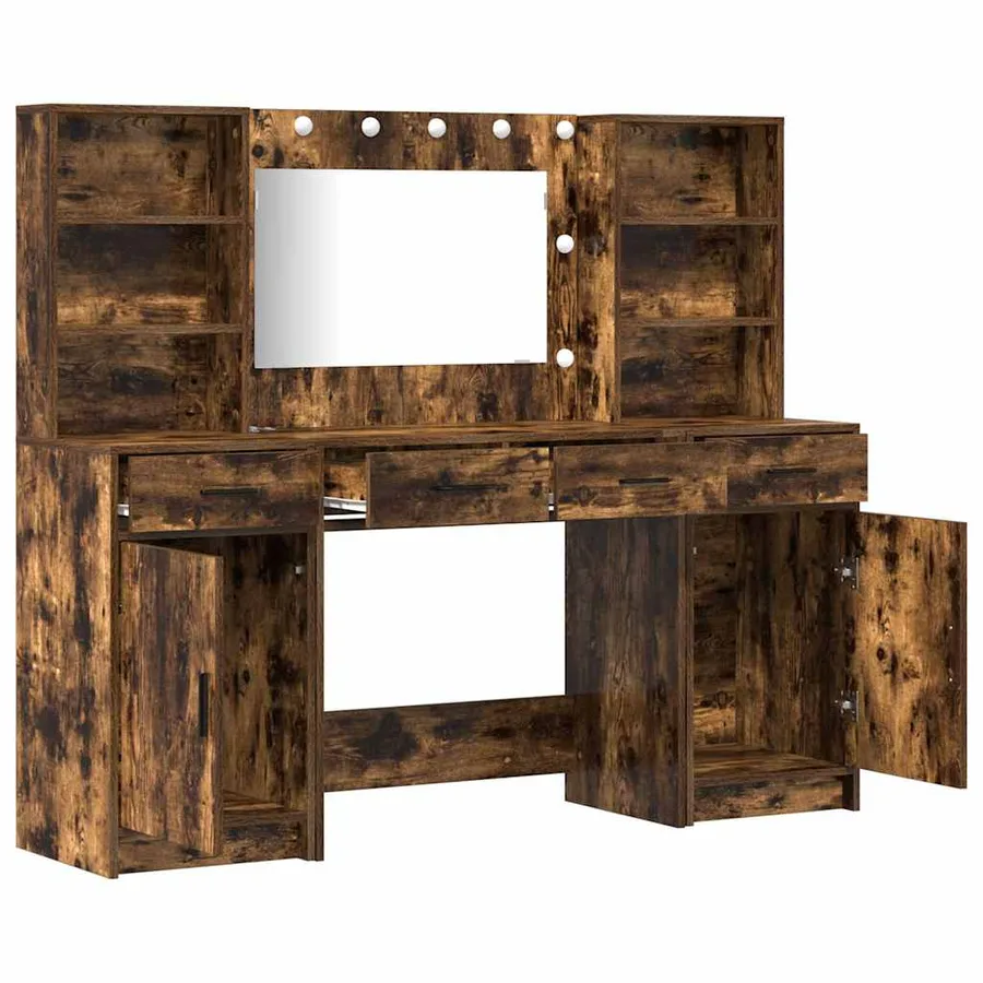 Ensemble de table de maquillage avec LED 3 pcs Chêne fumé - 7