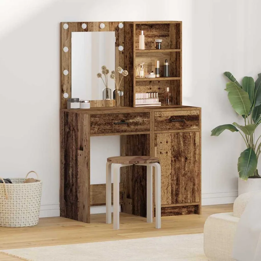 Ensemble de table de maquillage avec LED 2 pcs Bois ancien
