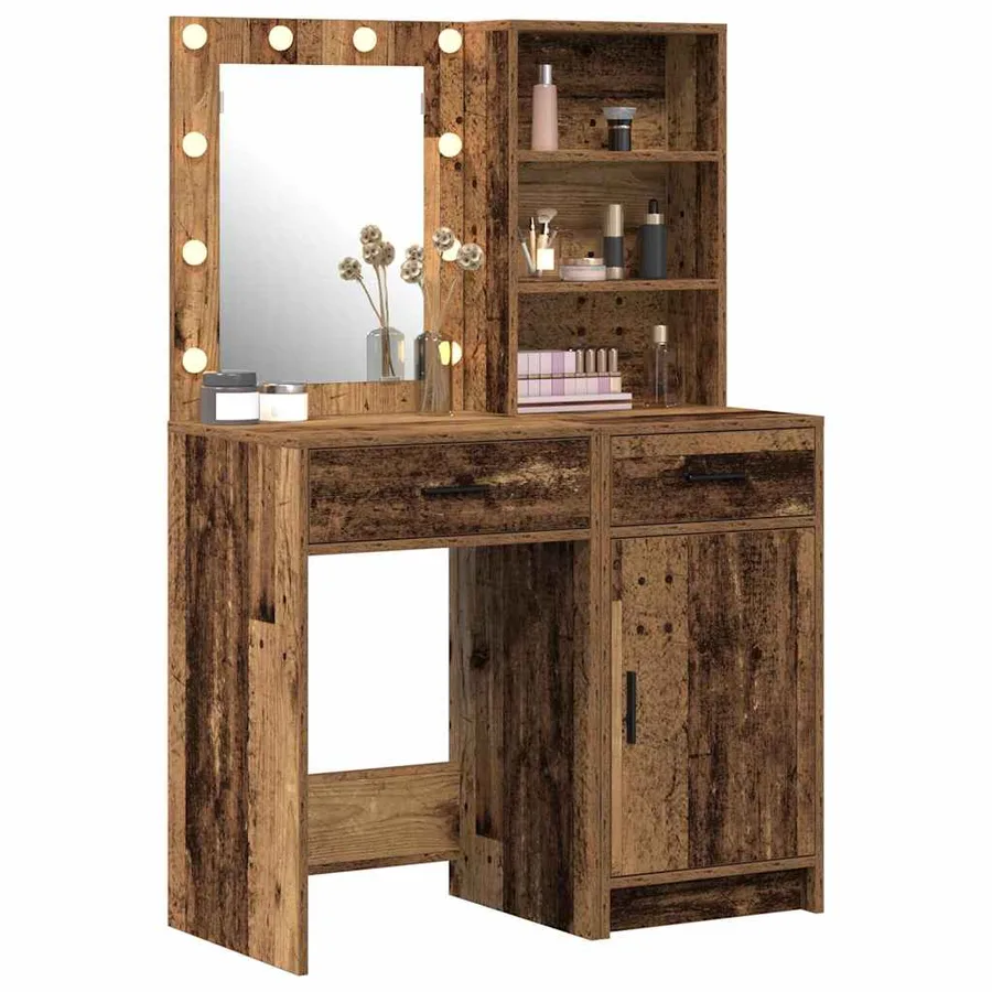 Ensemble de table de maquillage avec LED 2 pcs Bois ancien - 3