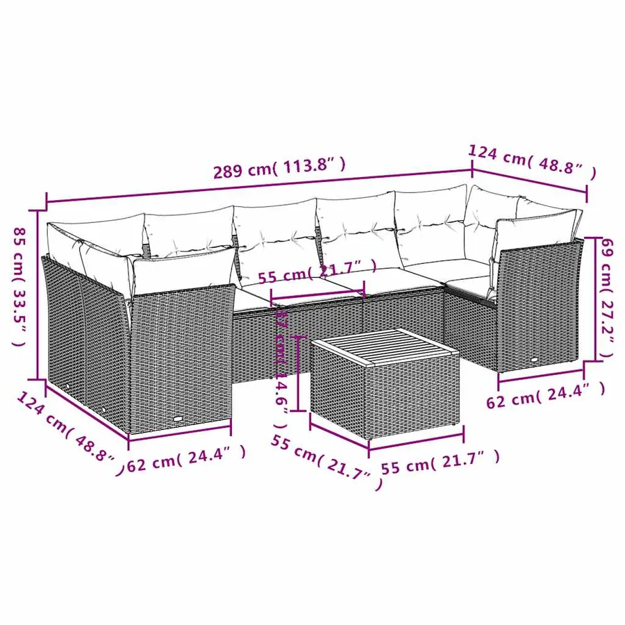 Salon de jardin 8 pcs avec coussins gris résine tressée - 10