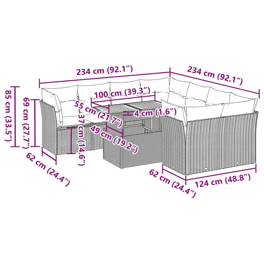 Salon de jardin 9 pcs avec coussins gris résine tressée - 11