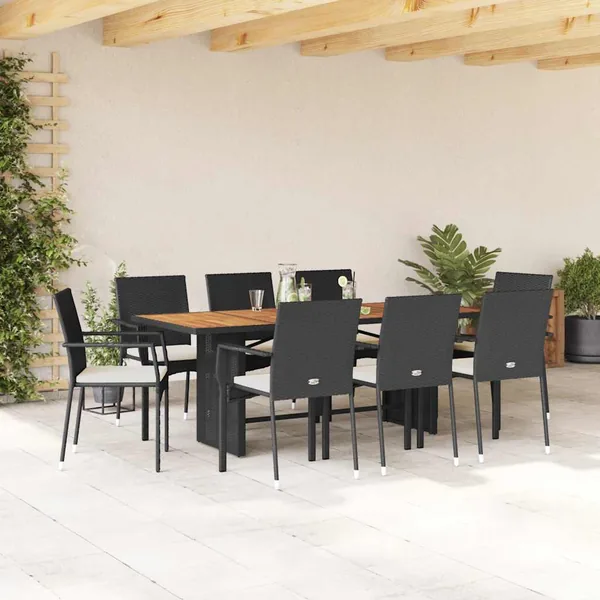 Ensemble à manger de jardin 9pcs coussins noir résine tressée