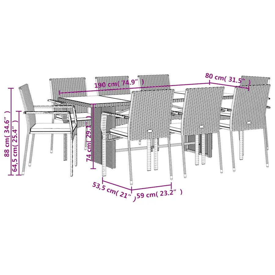 Ensemble à manger de jardin 9pcs coussins noir résine tressée - 7