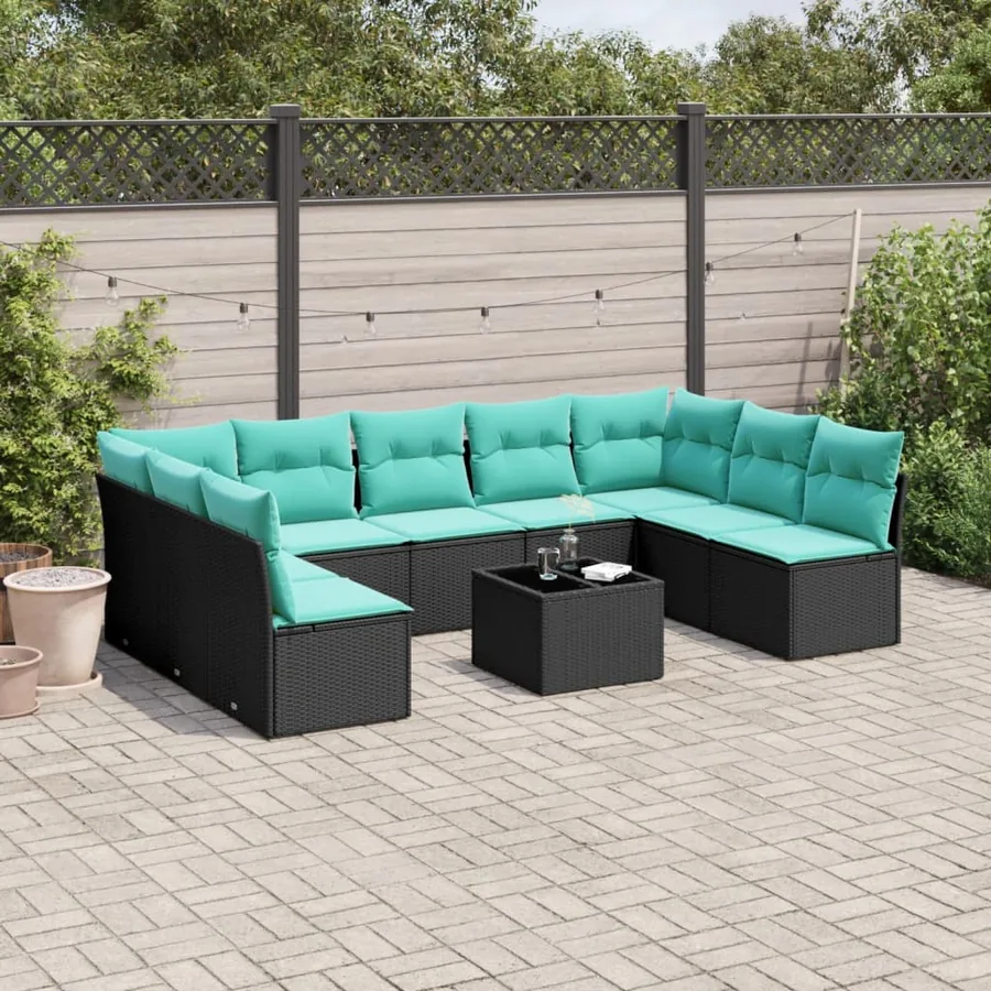 Ensemble de canapé de jardin 10 pcs avec coussins noir résine tressée