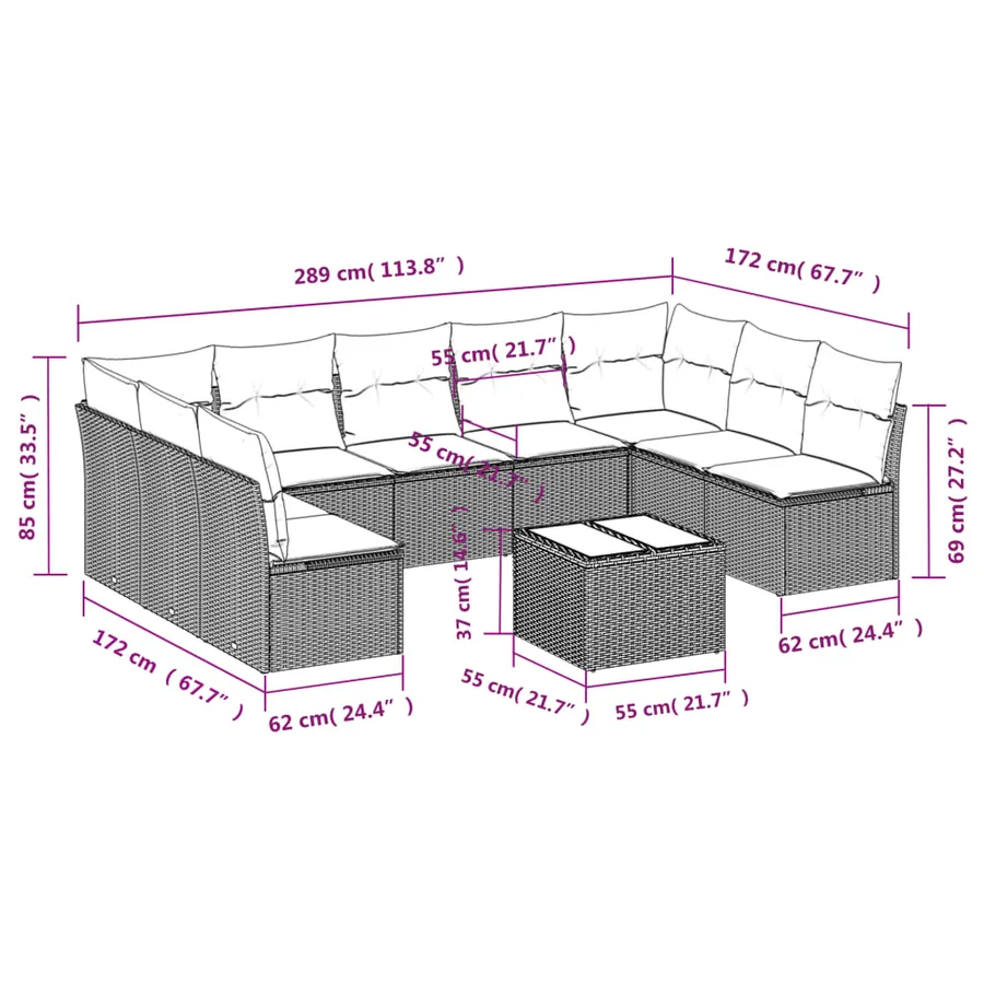 Ensemble de canapé de jardin 10 pcs avec coussins noir résine tressée - 7