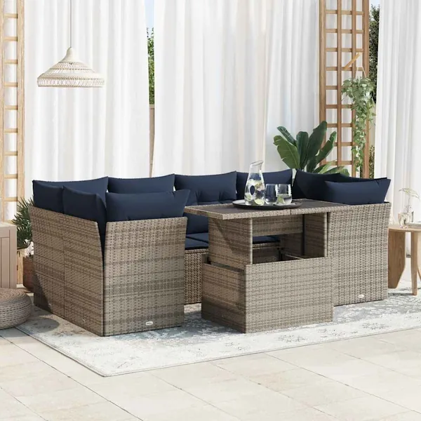 Salon de jardin avec coussins 7 pcs gris résine tressée acacia