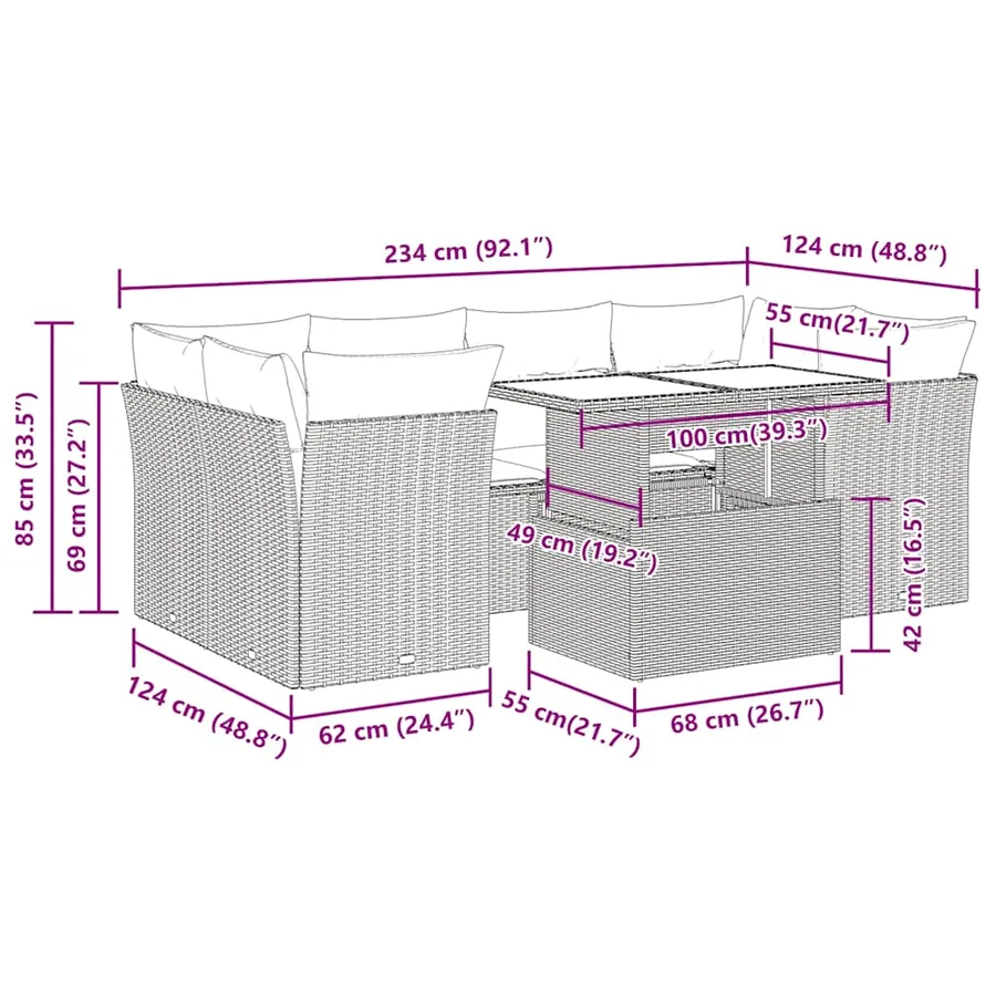 Salon de jardin avec coussins 7 pcs gris résine tressée acacia - 12