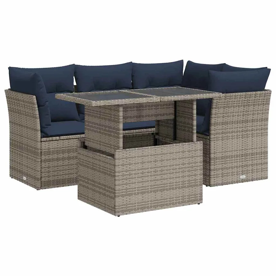 Salon de jardin 5 pcs avec coussins gris résine tressée acacia - 2