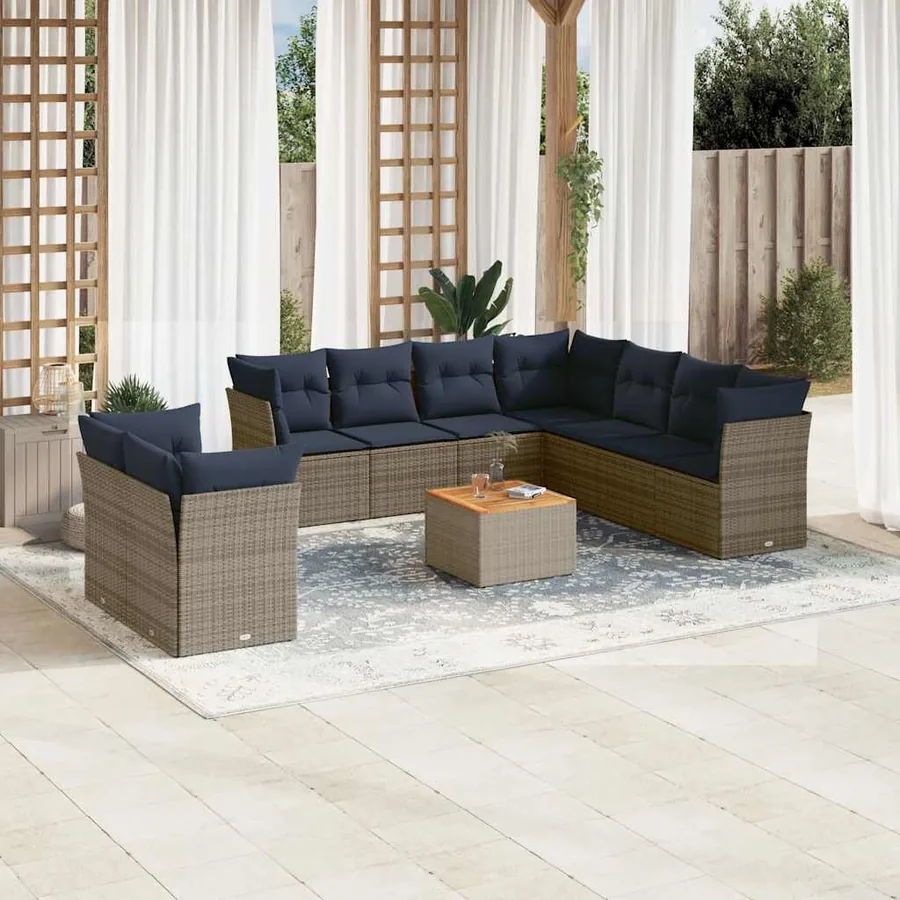 Salon de jardin 10 pcs avec coussins gris résine tressée