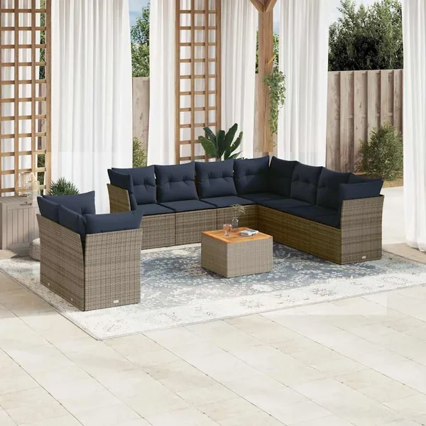 Salon de jardin 10 pcs avec coussins gris résine tressée