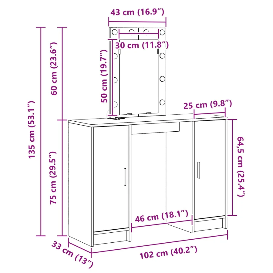 Table de Toilette Blanc 102 x 33 x 135 cm Bois d'ingénierie - 14