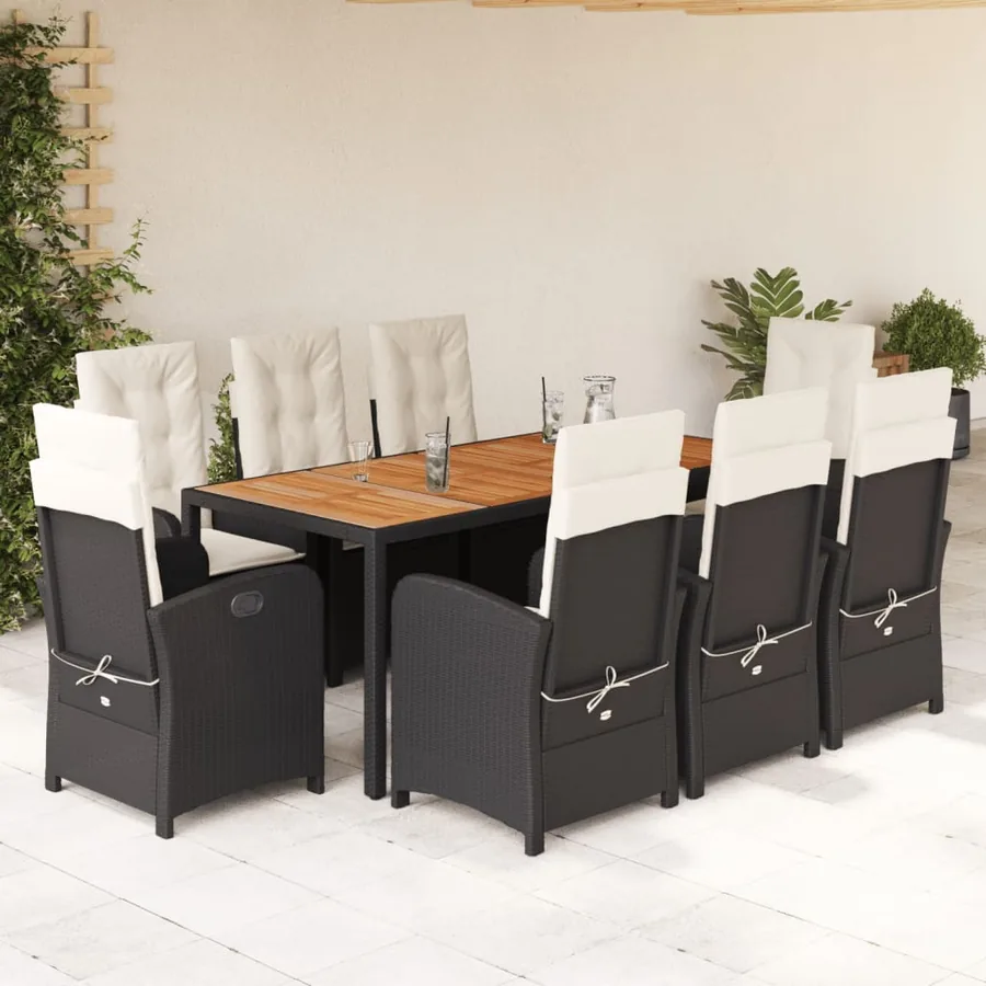 Ensemble à manger de jardin 9pcs coussins noir résine tressée