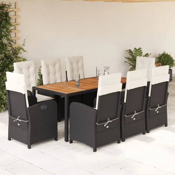 Ensemble à manger de jardin 9pcs coussins noir résine tressée