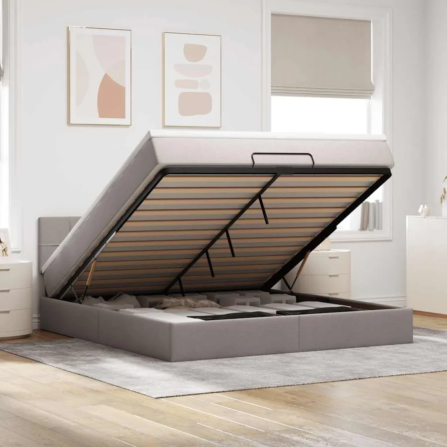 Cadre de lit ottoman avec matelas taupe 160x200 cm tissu