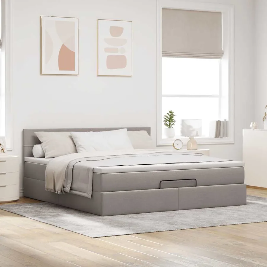 Cadre de lit ottoman avec matelas taupe 160x200 cm tissu - 4