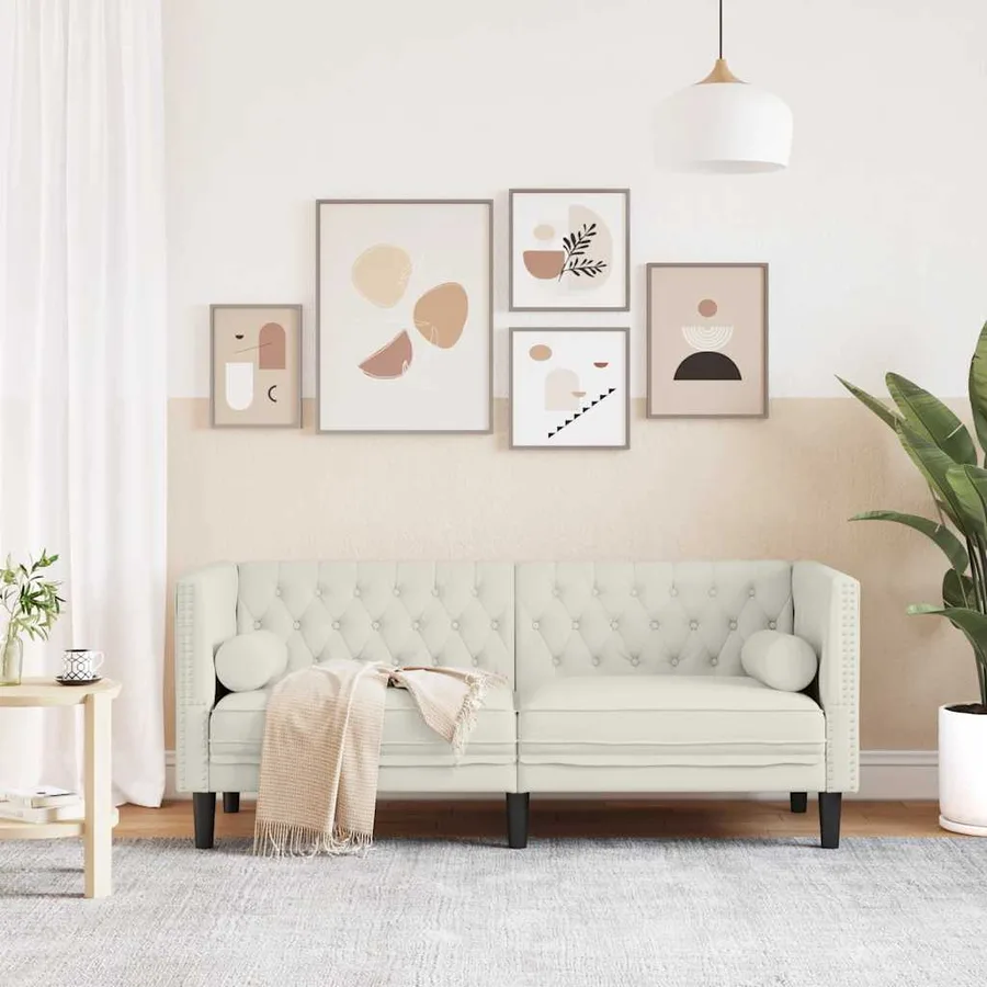 Canapé Chesterfield avec traversins 2 places crème velours - 3