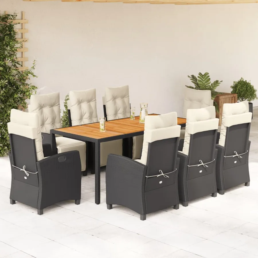 Ensemble à manger de jardin 9pcs coussins noir résine tressée