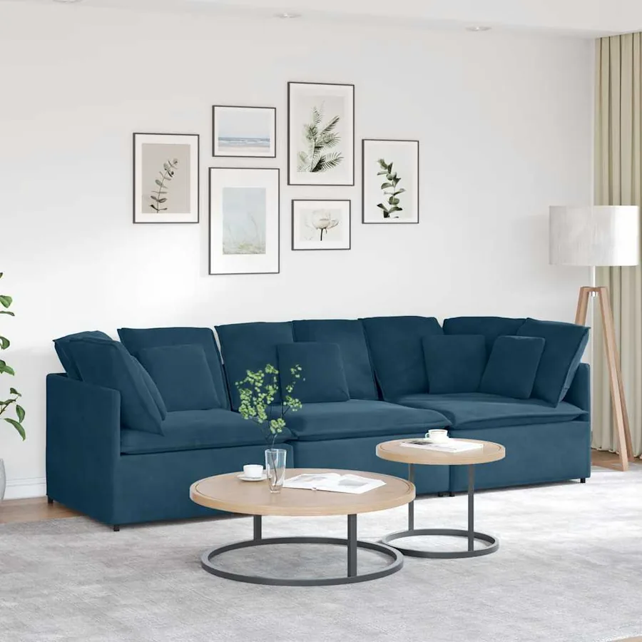 Canapé modulable avec coussins velours bleu