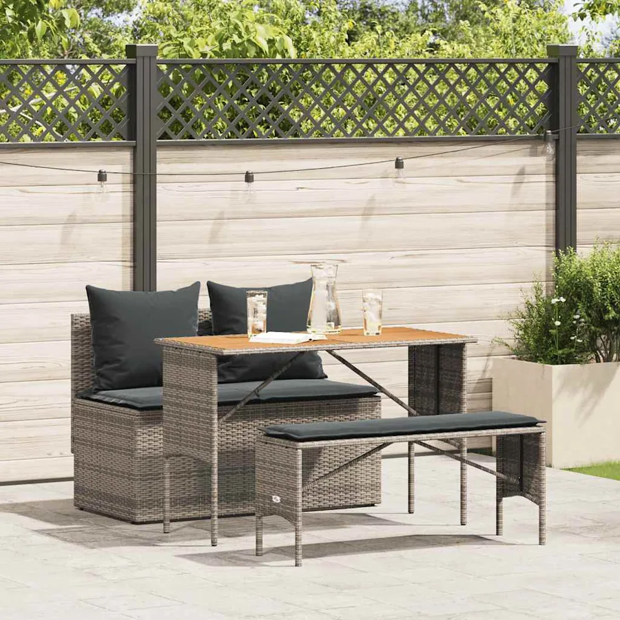 Ensemble de salle à manger de jardin 3 pcs avec coussins gris résine tressée