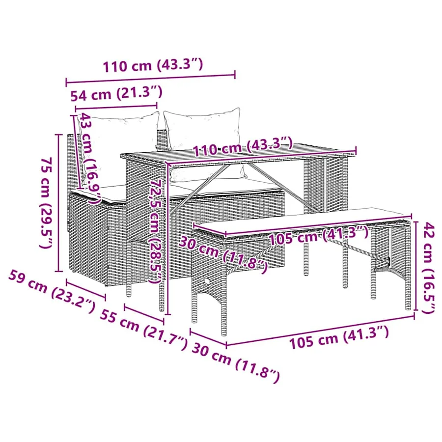 Ensemble de salle à manger de jardin 3 pcs avec coussins gris résine tressée - 14