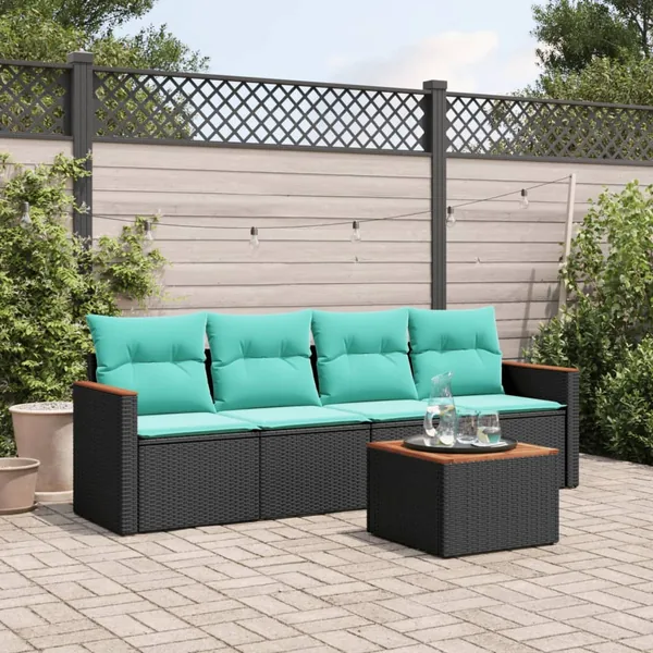 Ensemble de canapé de jardin 5 pcs avec coussins noir résine tressée