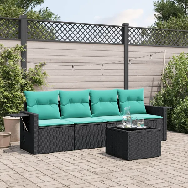 Ensemble de canapé de jardin 5 pcs avec coussins noir résine tressée