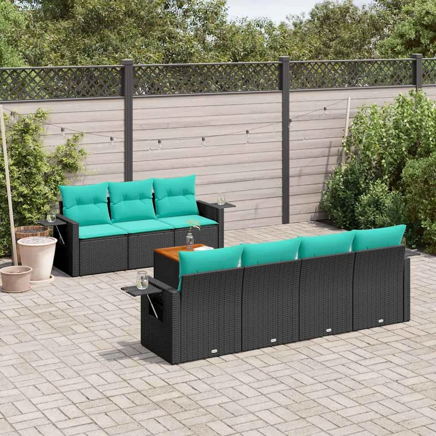 Ensemble de canapé de jardin 8 pcs avec coussins noir résine tressée