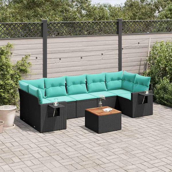 Ensemble de canapé de jardin 8 pcs avec coussins noir résine tressée
