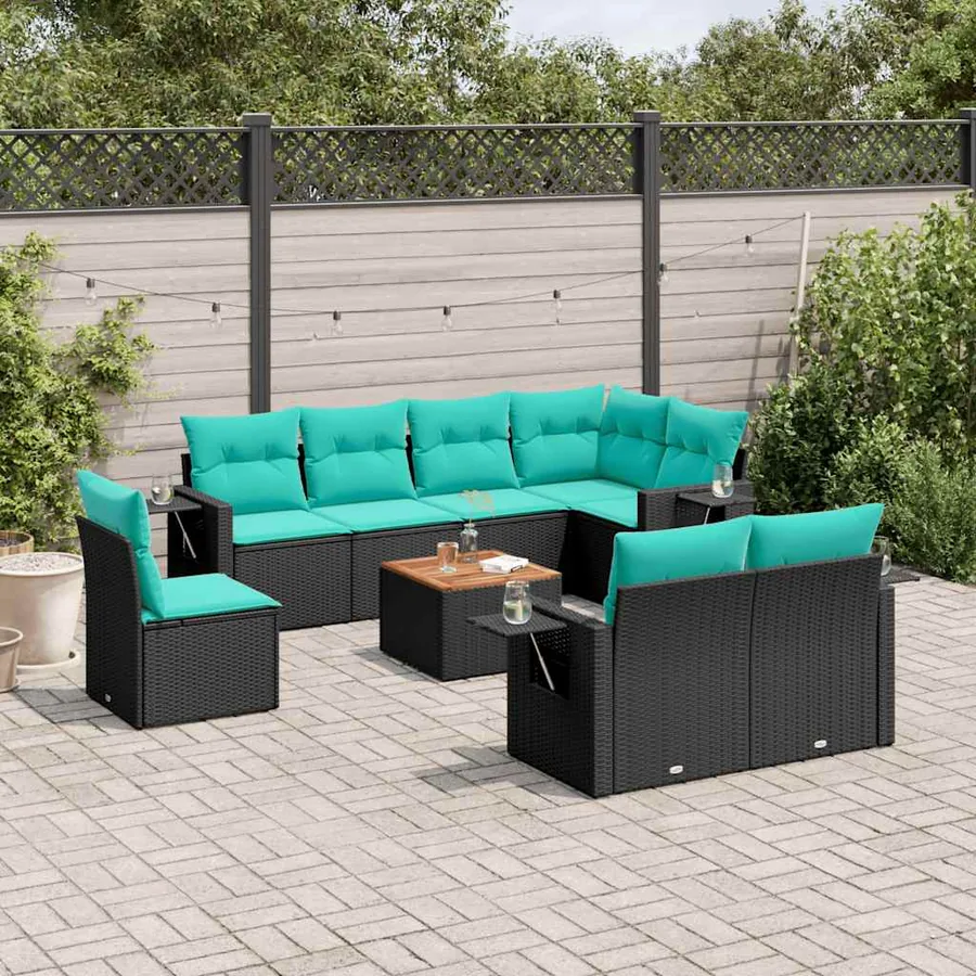 Ensemble de canapé de jardin 9 pcs avec coussins noir résine tressée