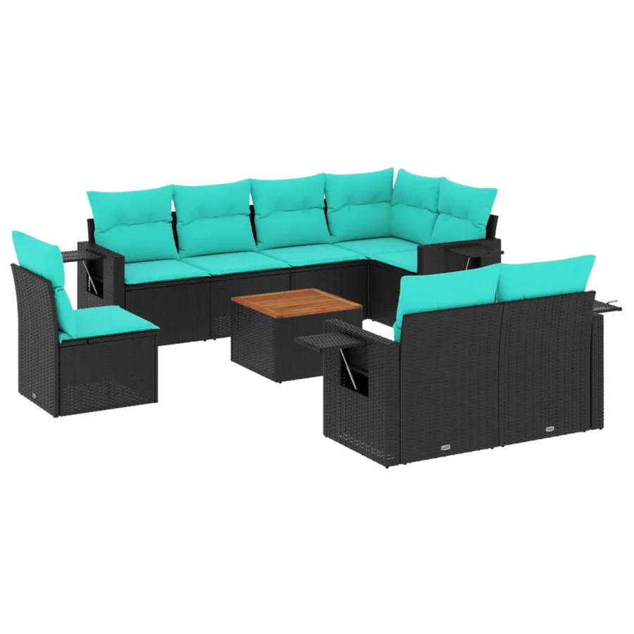 Ensemble de canapé de jardin 9 pcs avec coussins noir résine tressée - 2