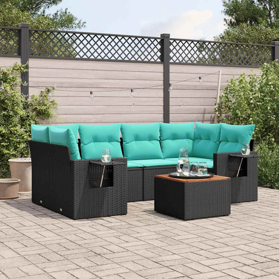 Ensemble de canapé de jardin 7 pcs avec coussins noir résine tressée
