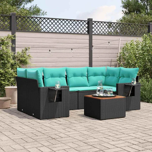 Ensemble de canapé de jardin 7 pcs avec coussins noir résine tressée