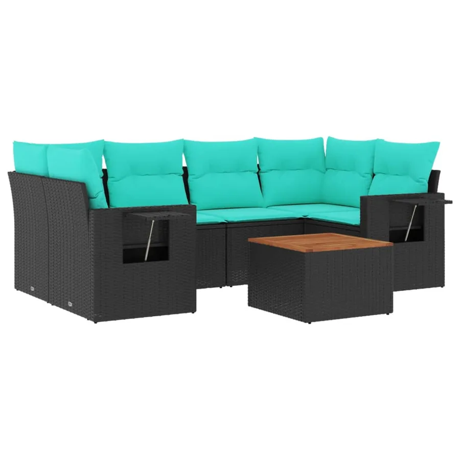 Ensemble de canapé de jardin 7 pcs avec coussins noir résine tressée - 2