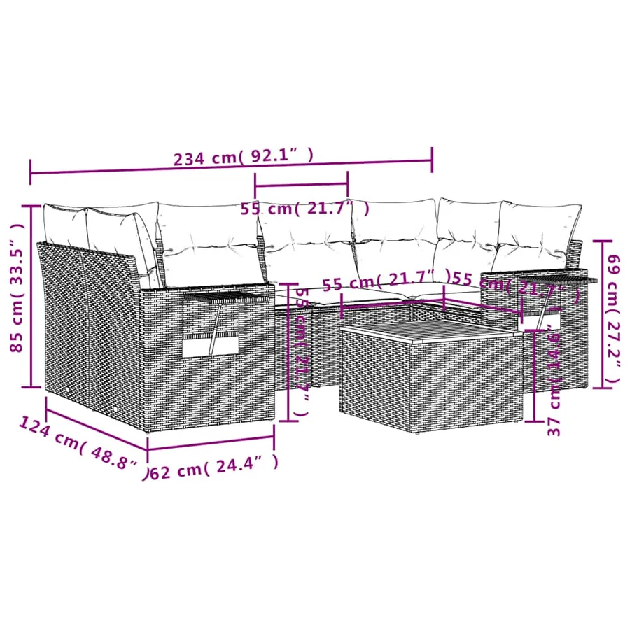 Ensemble de canapé de jardin 7 pcs avec coussins noir résine tressée - 9
