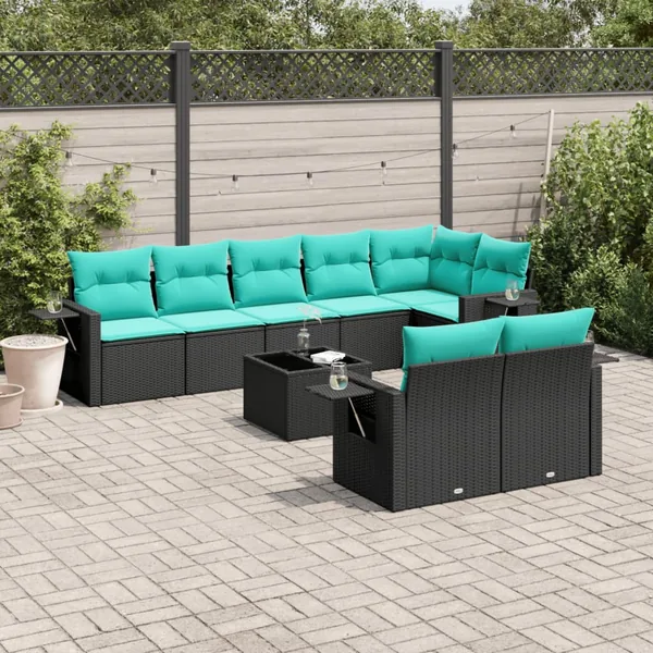 Ensemble de canapé de jardin 9 pcs avec coussins noir résine tressée