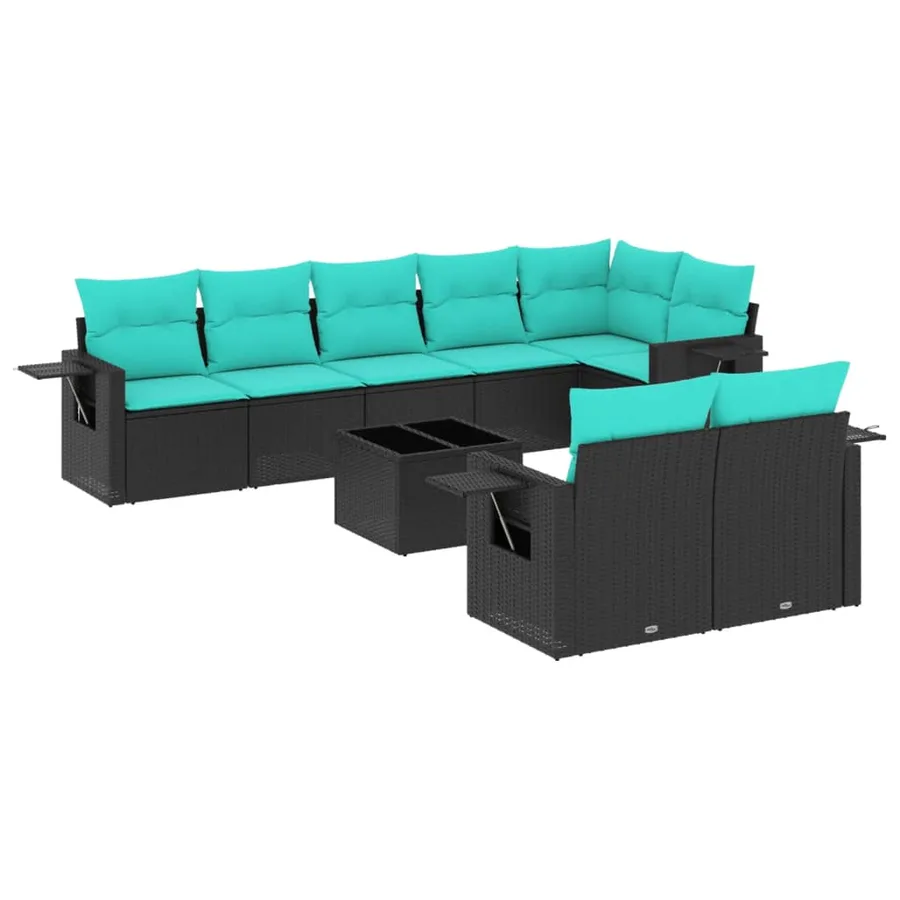 Ensemble de canapé de jardin 9 pcs avec coussins noir résine tressée - 2