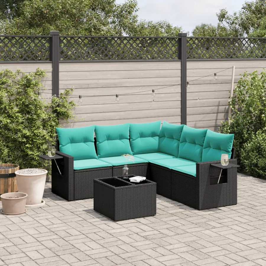 Ensemble de canapé de jardin 6 pcs avec coussins noir résine tressée