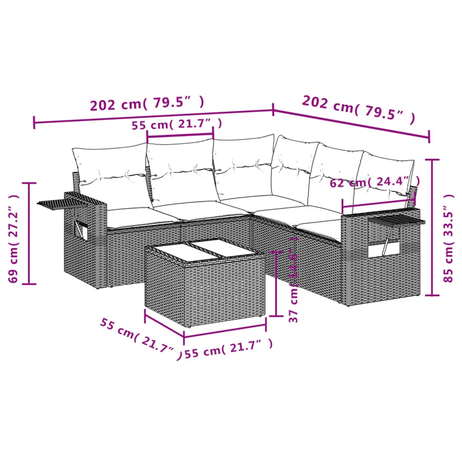 Ensemble de canapé de jardin 6 pcs avec coussins noir résine tressée - 9