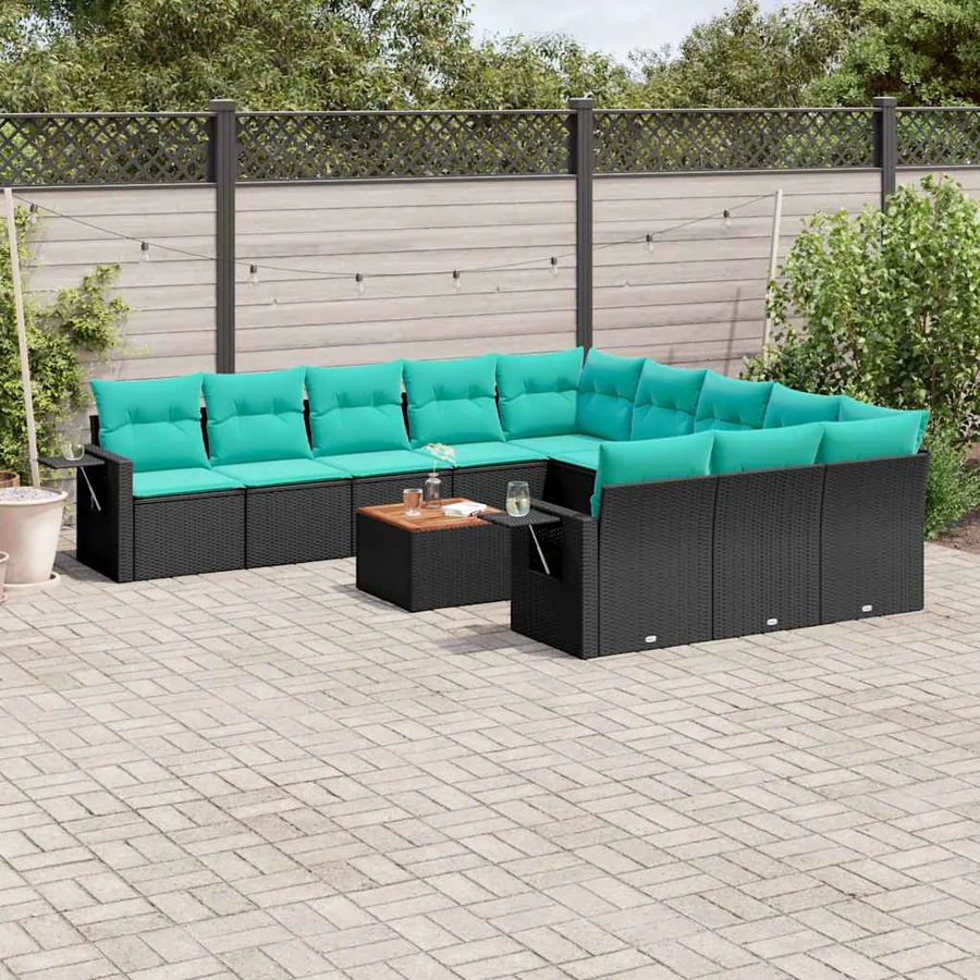 Ensemble de canapé de jardin 12 pcs avec coussins noir résine tressée