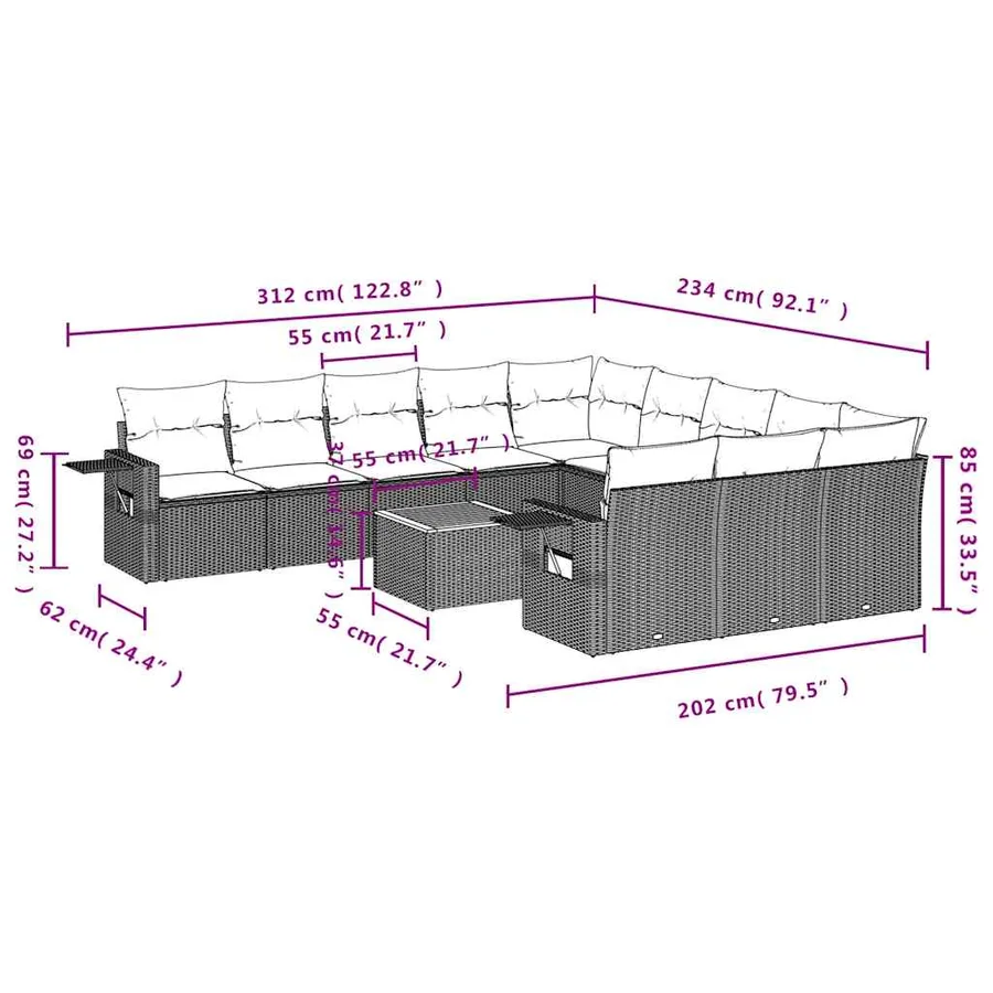 Ensemble de canapé de jardin 12 pcs avec coussins noir résine tressée - 9