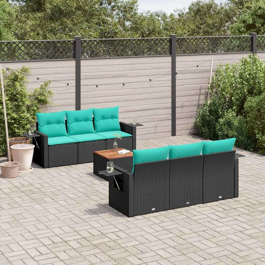 Ensemble de canapé de jardin 7 pcs avec coussins noir résine tressée