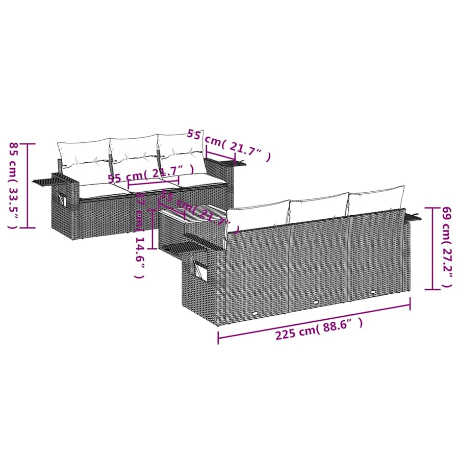 Ensemble de canapé de jardin 7 pcs avec coussins noir résine tressée - 8