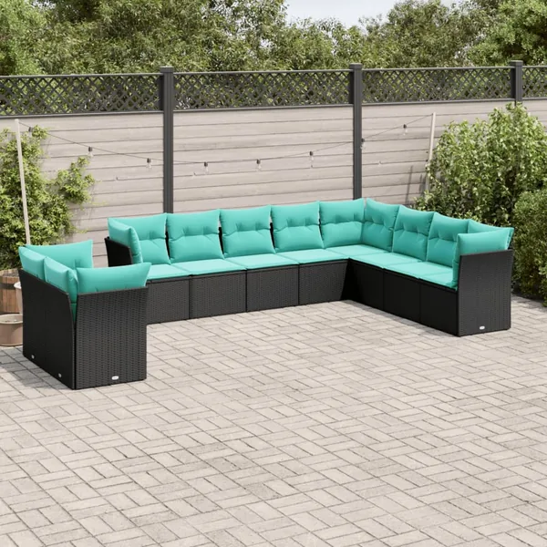 Salon de jardin 10 pcs avec coussins noir résine tressée