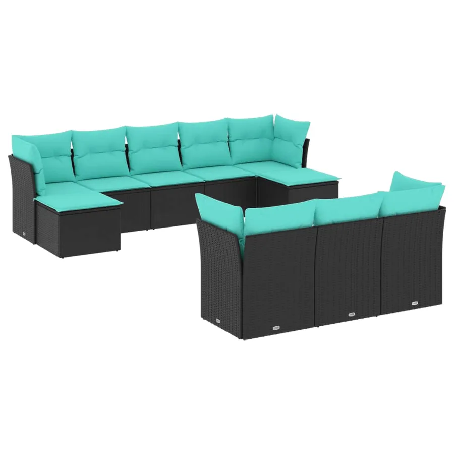 Salon de jardin 10 pcs avec coussins noir résine tressée - 2